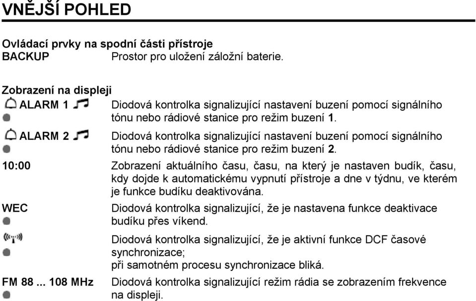 ALARM 2 Diodová kontrolka signalizující nastavení buzení pomocí signálního tónu nebo rádiové stanice pro režim buzení 2.