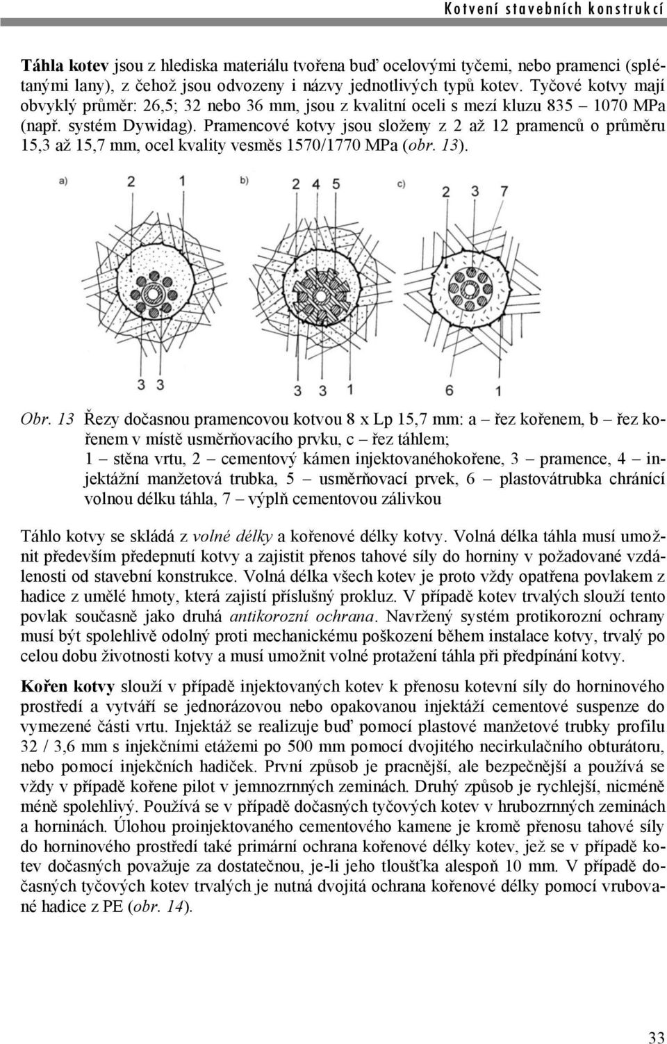 Pramencové kotvy jsou složeny z 2 až 12 pramenců o průměru 15,3 až 15,7 mm, ocel kvality vesměs 1570/1770 MPa (obr. 13). Obr.