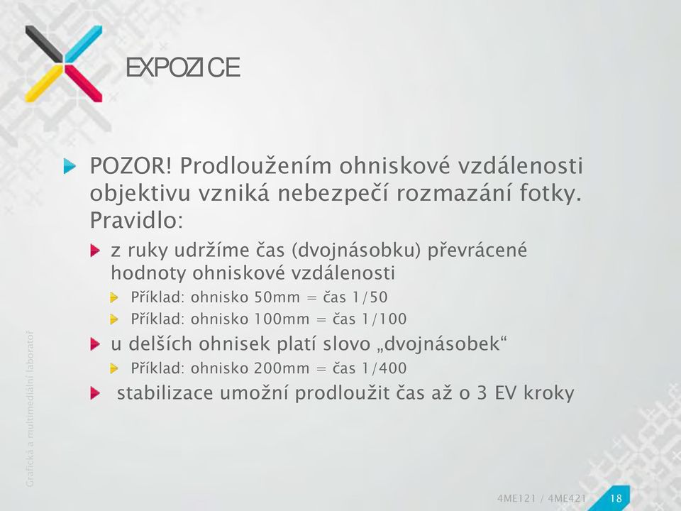 ohnisko 50mm = čas 1/50 Příklad: ohnisko 100mm = čas 1/100 u delších ohnisek platí slovo