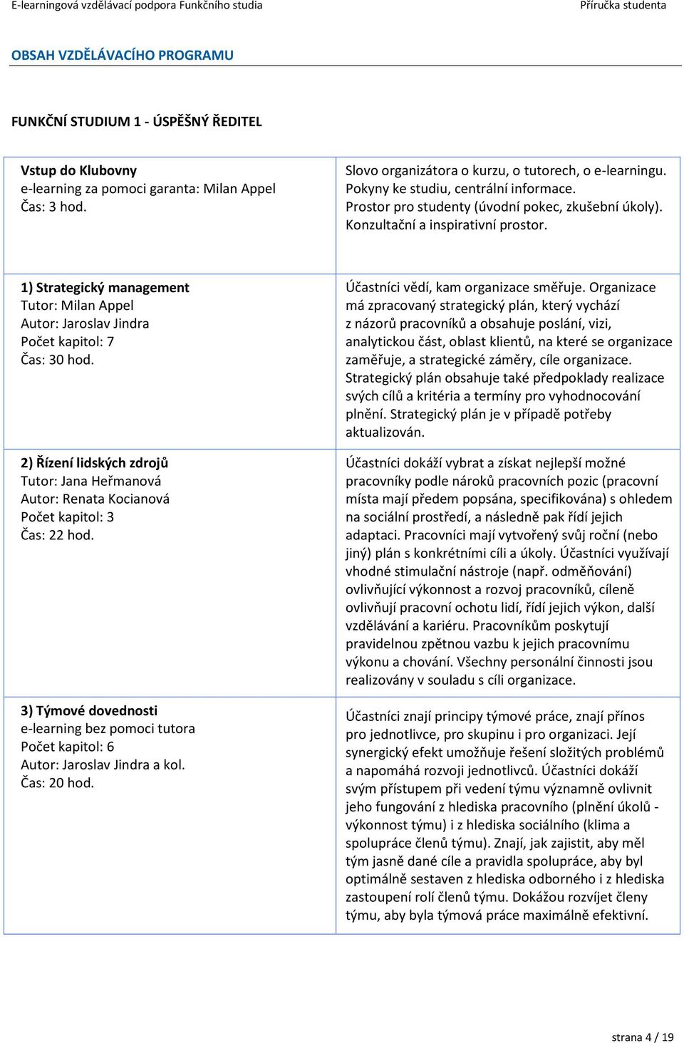 1) Strategický management Tutor: Milan Appel Autor: Jaroslav Jindra Počet kapitol: 7 Čas: 30 hod. 2) Řízení lidských zdrojů Tutor: Jana Heřmanová Autor: Renata Kocianová Počet kapitol: 3 Čas: 22 hod.