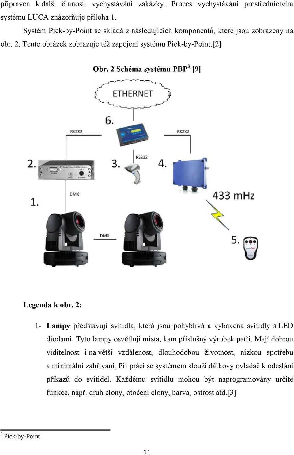 2 Schéma systému PBP 3 [9] Legenda k obr. 2: 1- Lampy představují svítidla, která jsou pohyblivá a vybavena svítidly s LED diodami. Tyto lampy osvětlují místa, kam příslušný výrobek patří.