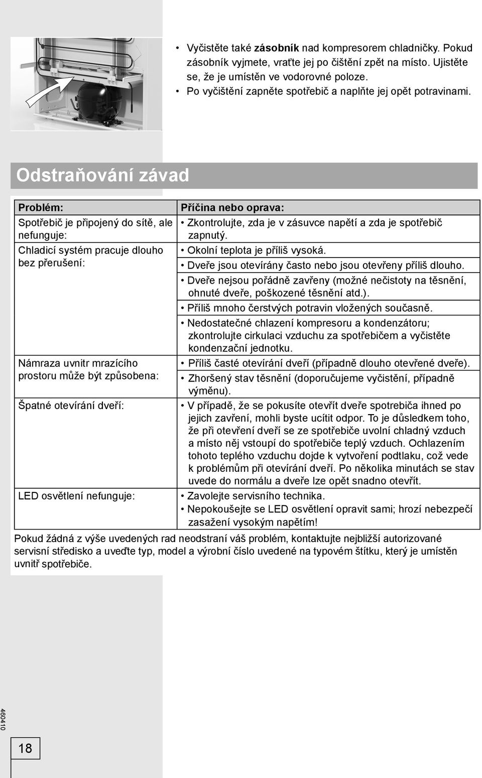 Odstraňování závad Problém: Příčina nebo oprava: Spotřebič je připojený do sítě, ale nefunguje: Chladicí systém pracuje dlouho bez přerušení: Námraza uvnitr mrazícího prostoru může být způsobena: