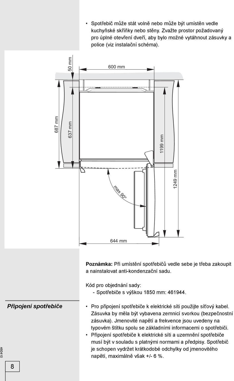 50 mm 600 mm 687 mm 637 mm 1199 mm 1249 mm max 90 644 mm Poznámka: Při umístění spotřebičů vedle sebe je třeba zakoupit a nainstalovat anti-kondenzační sadu.