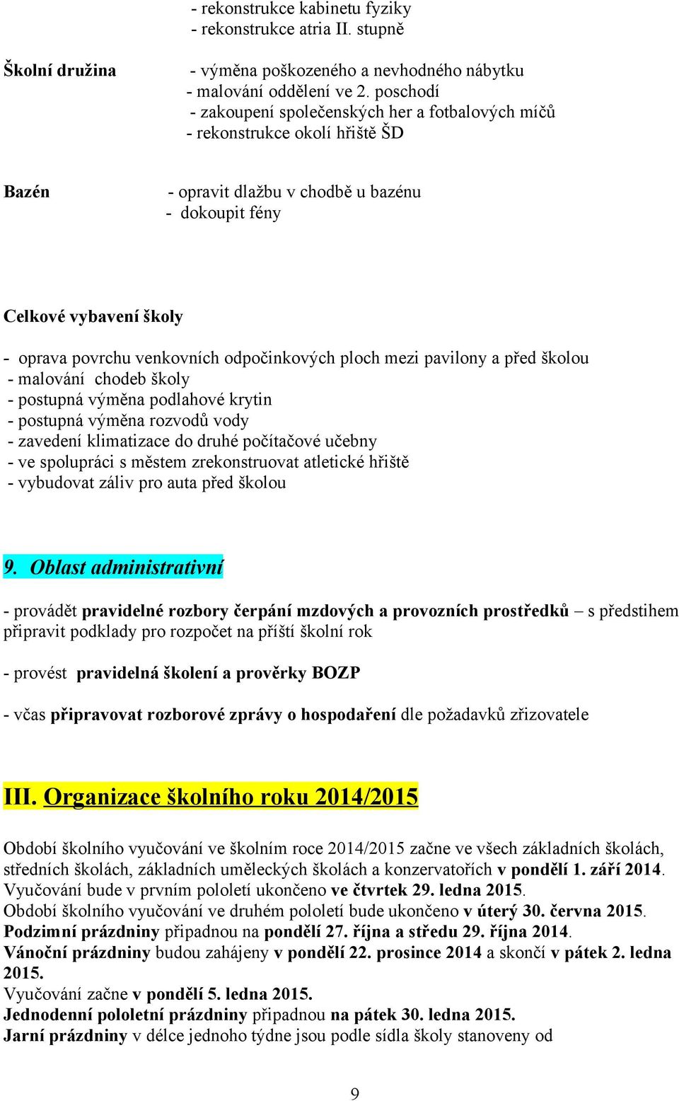 odpočinkových ploch mezi pavilony a před školou - malování chodeb školy - postupná výměna podlahové krytin - postupná výměna rozvodů vody - zavedení klimatizace do druhé počítačové učebny - ve