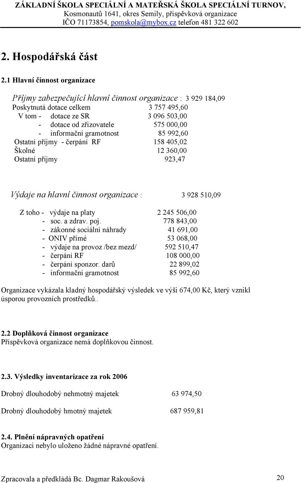 informační gramotnost 85 992,60 Ostatní příjmy - čerpání RF 158 405,02 Školné 12 360,00 Ostatní příjmy 923,47 Výdaje na hlavní činnost organizace : 3 928 510,09 Z toho - výdaje na platy 2 245 506,00