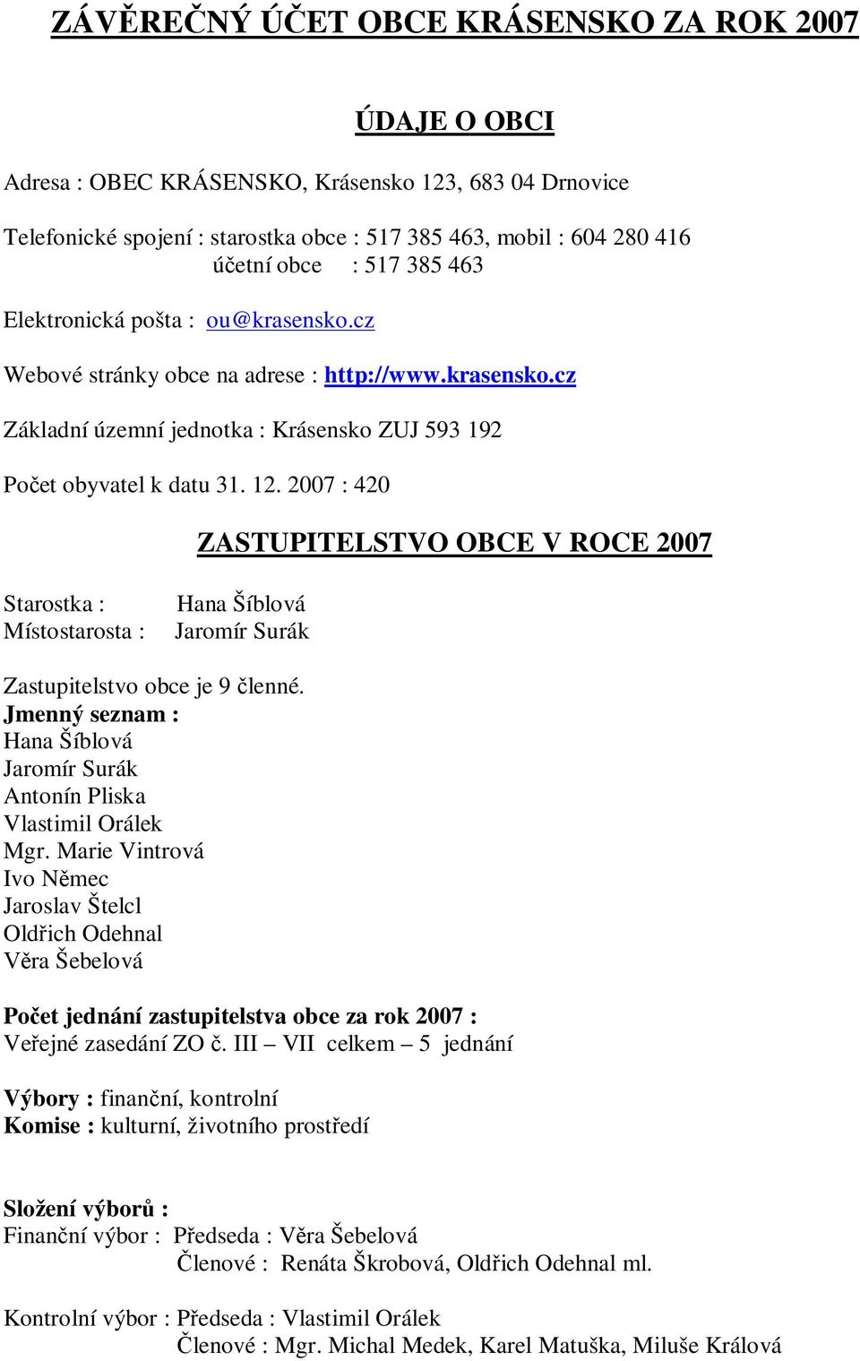 2007 : 420 ZASTUPITELSTVO OBCE V ROCE 2007 Starostka : Místostarosta : Hana Šíblová Jaromír Surák Zastupitelstvo obce je 9 členné.