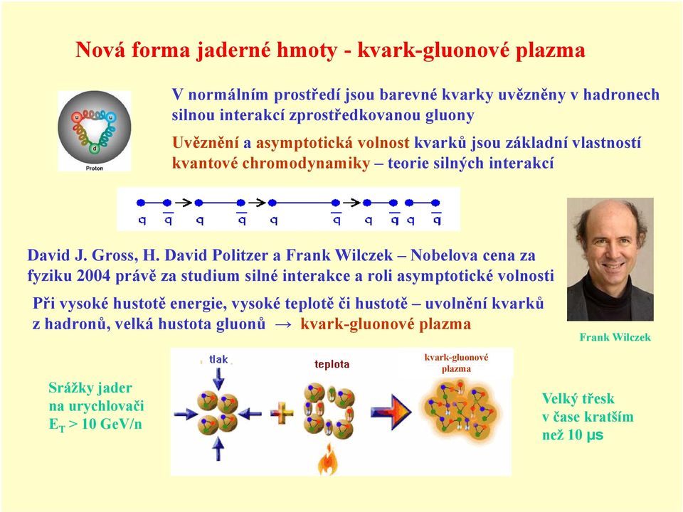 David Politzer a Frank Wilczek Nobelova cena za fyziku 2004 právě za studium silné interakce a roli asymptotické volnosti Při vysoké hustotě energie, vysoké