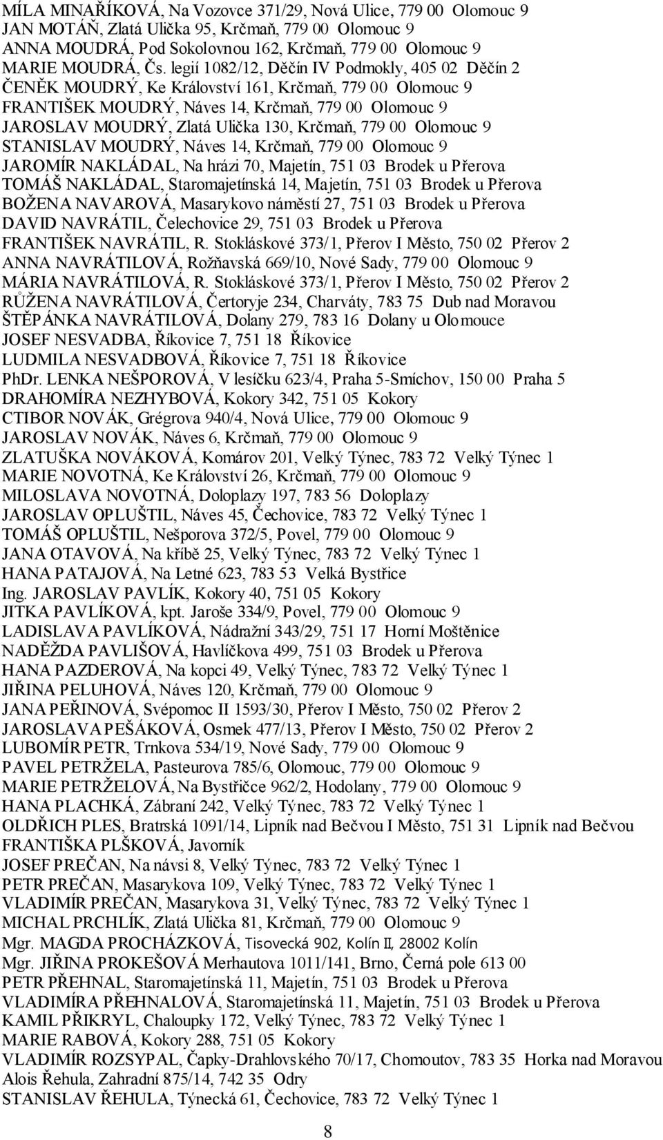 Krčmaň, 779 00 Olomouc 9 STANISLAV MOUDRÝ, Náves 14, Krčmaň, 779 00 Olomouc 9 JAROMÍR NAKLÁDAL, Na hrázi 70, Majetín, 751 03 Brodek u Přerova TOMÁŠ NAKLÁDAL, Staromajetínská 14, Majetín, 751 03