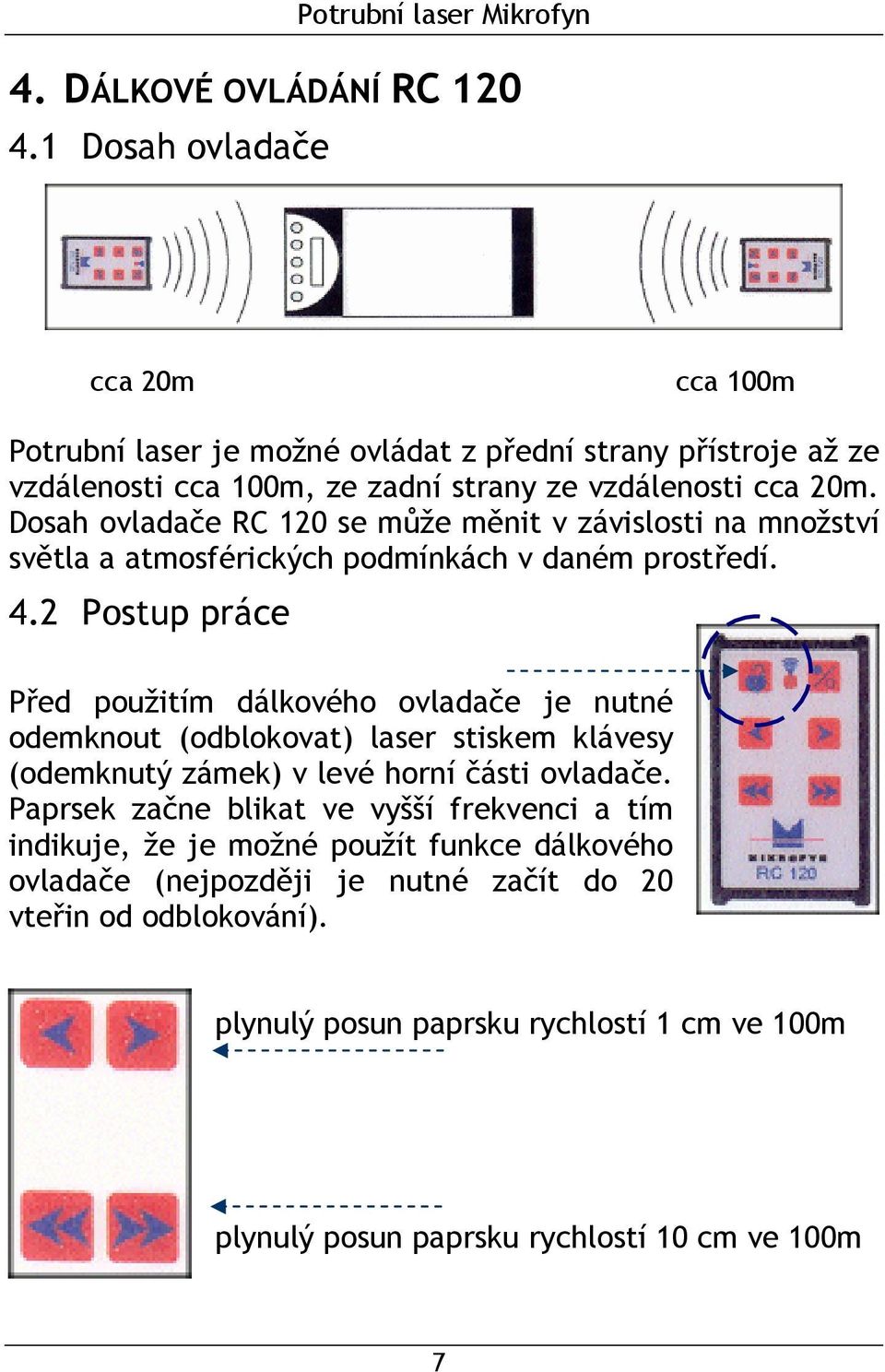 Dosah ovladače RC 120 se může měnit v závislosti na množství světla a atmosférických podmínkách v daném prostředí. 4.