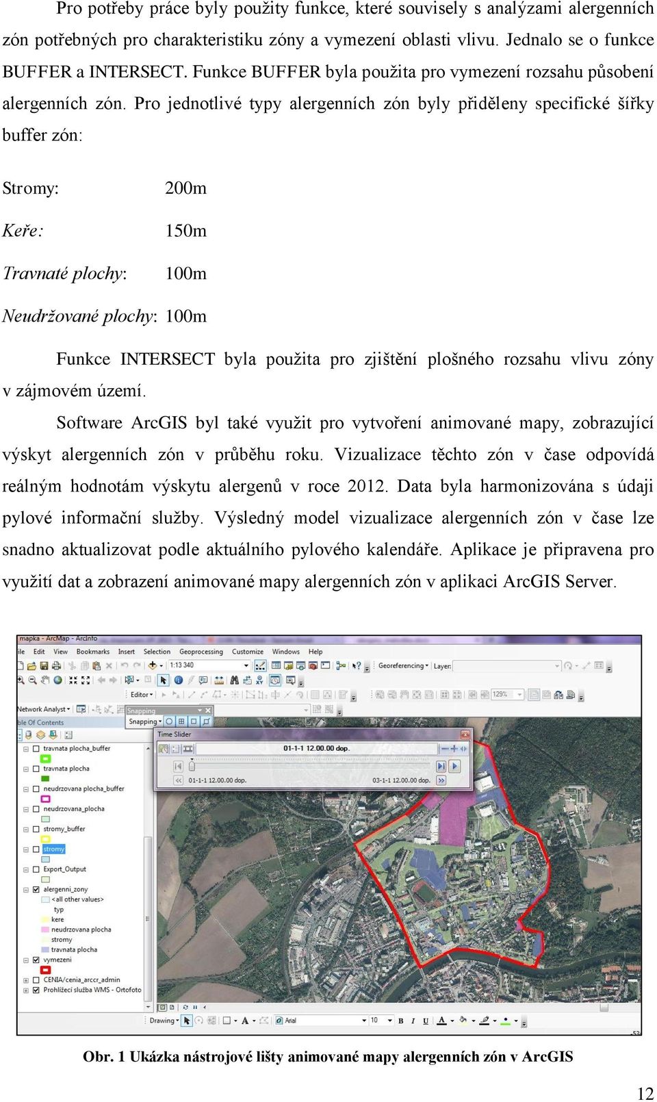 Pro jednotlivé typy alergenních zón byly přiděleny specifické šířky buffer zón: Stromy: Keře: Travnaté plochy: 200m 150m 100m Neudržované plochy: 100m Funkce INTERSECT byla použita pro zjištění