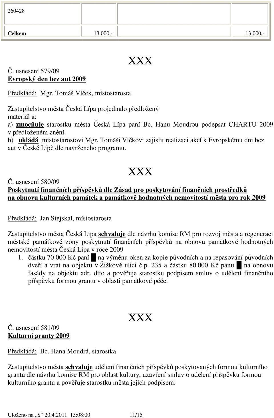 b) ukládá místostarostovi Mgr. Tomáši Vlčkovi zajistit realizaci akcí k Evropskému dni bez aut v Če