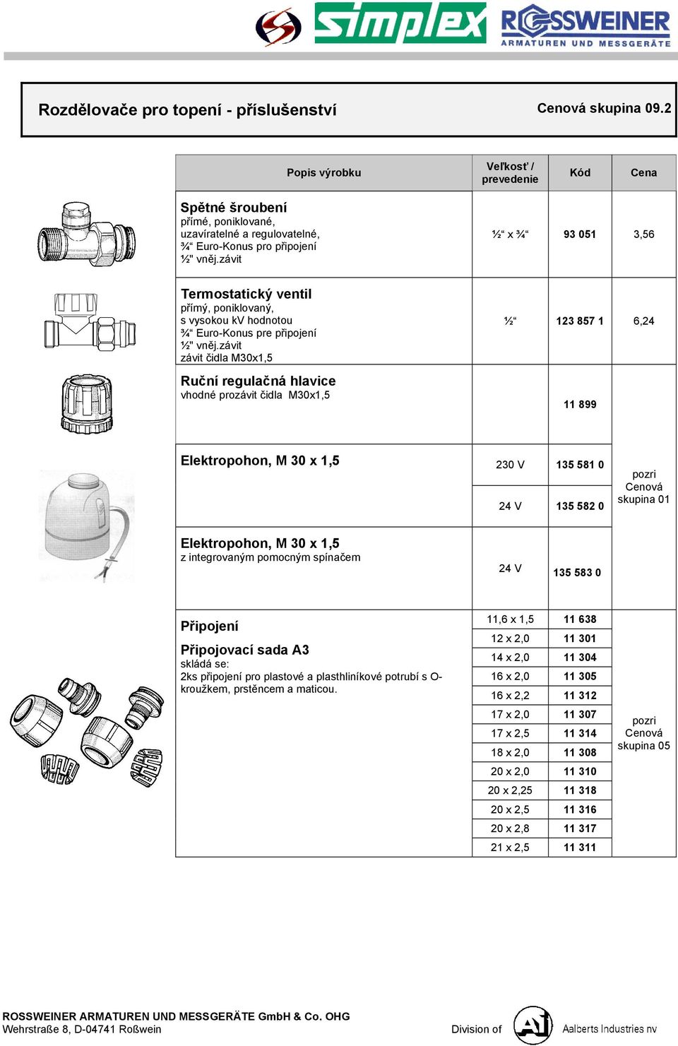 závit závit čidla M30x1,5 Ruční regulačná hlavice vhodné prozávit čidla M30x1,5 ½ x ¾ 93 051 3,56 ½ 123 857 1 6,24 11 899 Elektropohon, M 30 x 1,5 230 V 135 581 0 24 V 135 582 0 skupina 01