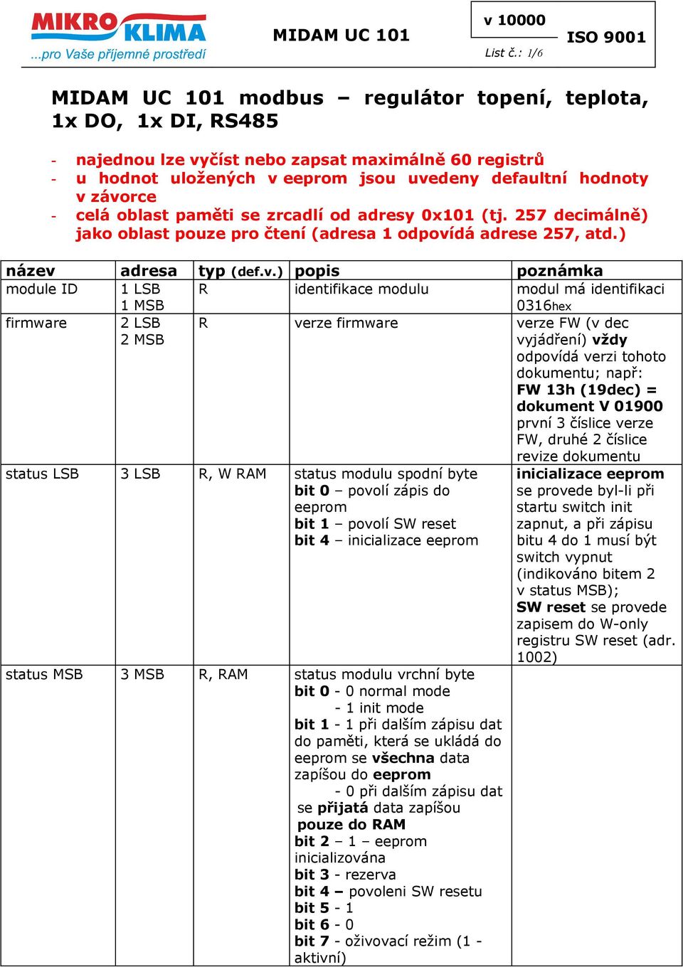 - celá oblast paměti se zrcadlí od adresy 0x101 (tj. 257 decimálně) jako oblast pouze pro čtení (adresa 1 odpoví