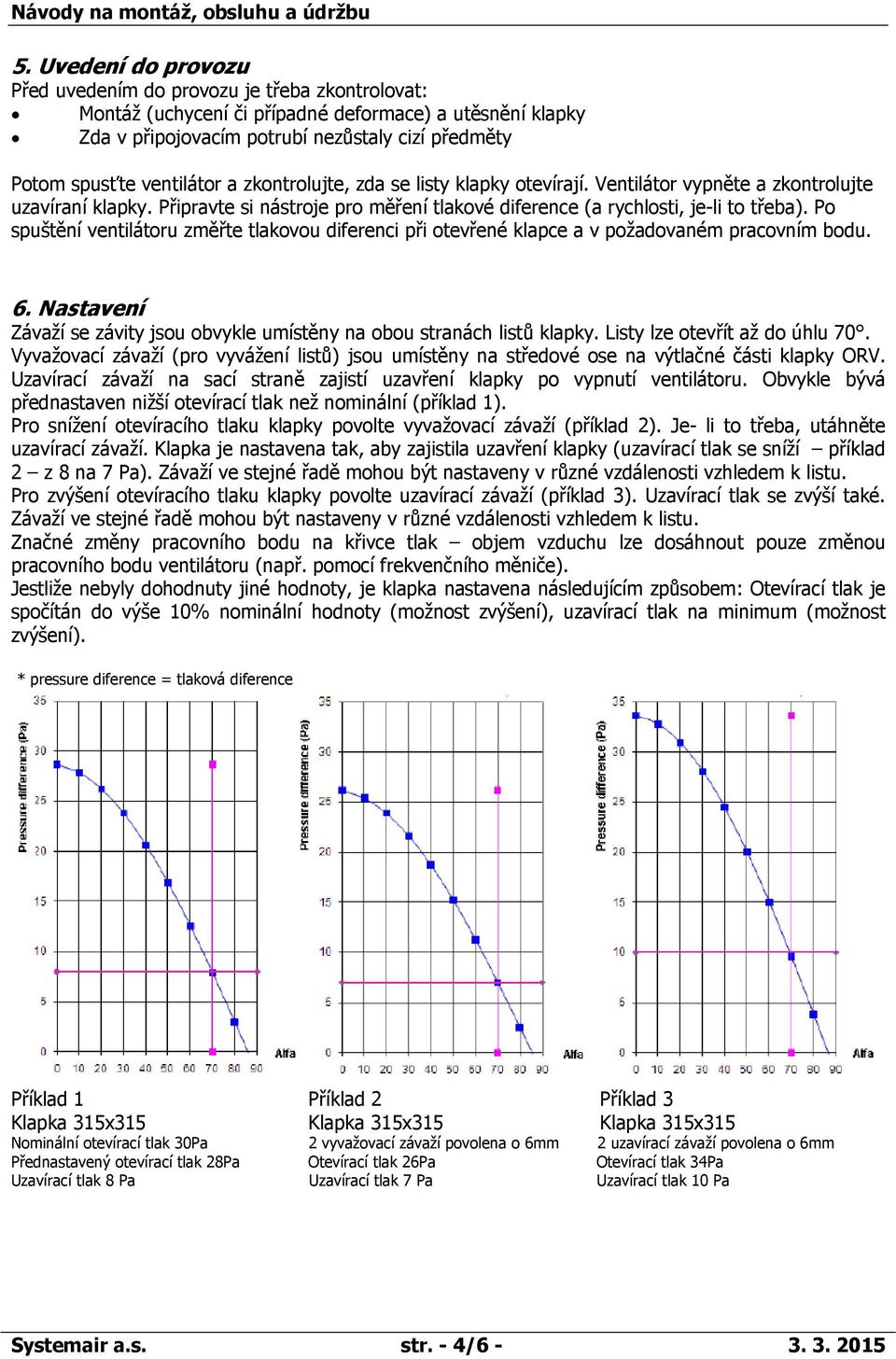 Po spuštění ventilátoru změřte tlakovou diferenci při otevřené klapce a v požadovaném pracovním bodu. 6. Nastavení Závaží se závity jsou obvykle umístěny na obou stranách listů klapky.