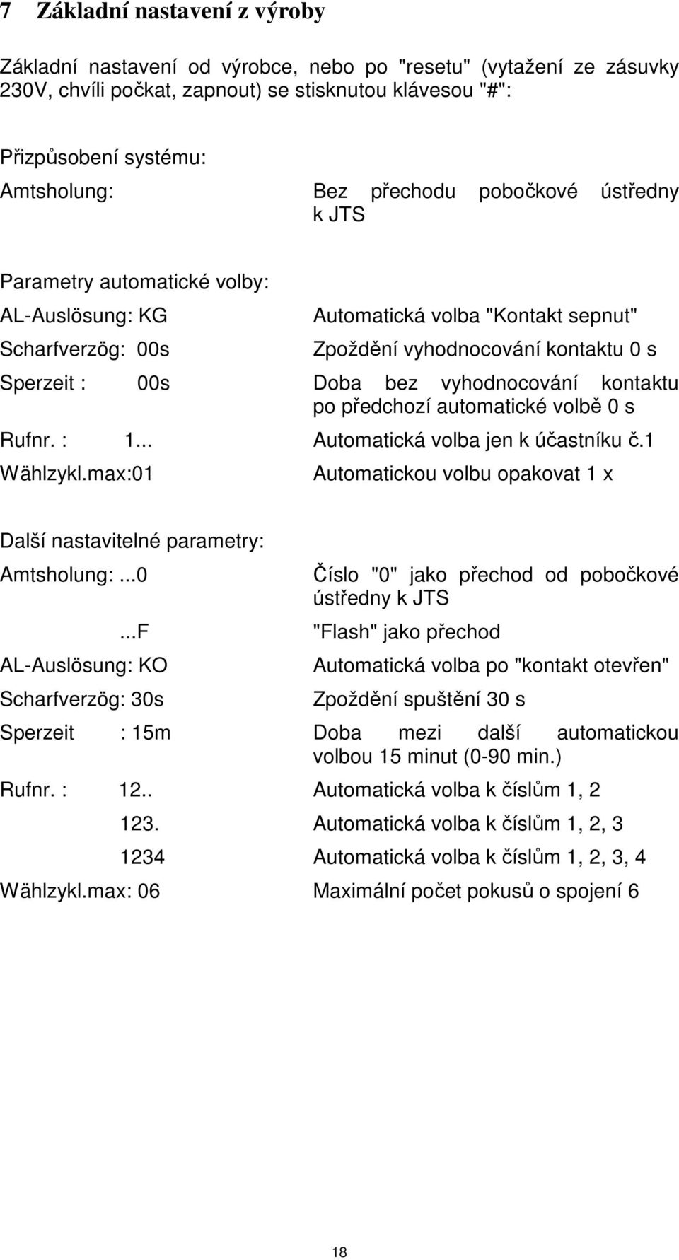 vyhodnocování kontaktu po předchozí automatické volbě 0 s Rufnr. : 1... Automatická volba jen k účastníku č.1 Wählzykl.max:01 Automatickou volbu opakovat 1 x Další nastavitelné parametry: Amtsholung:.