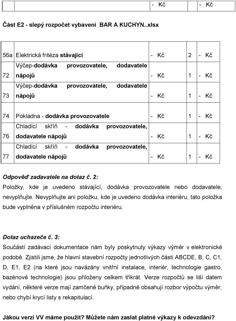 provozovatele - Kč 1 - Kč Chladící skříň - dodávka provozovatele, 76 dodavatele nápojů - Kč 1 - Kč Chladící skříň - dodávka provozovatele, 77 dodavatele nápojů - Kč 1 - Kč Odpověď zadavatele na dotaz