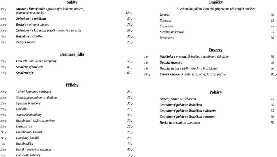 vybraným jídlům Vám rádi připravíme následující omáčky Tatarská 20,- Ďábelská 25,- Česneková 25,- Medovo-hořčicová 25,- Brusinková 30,- Dezerty 1 ks Palačinka s ovocem, šlehačkou a hoblinami čokolády