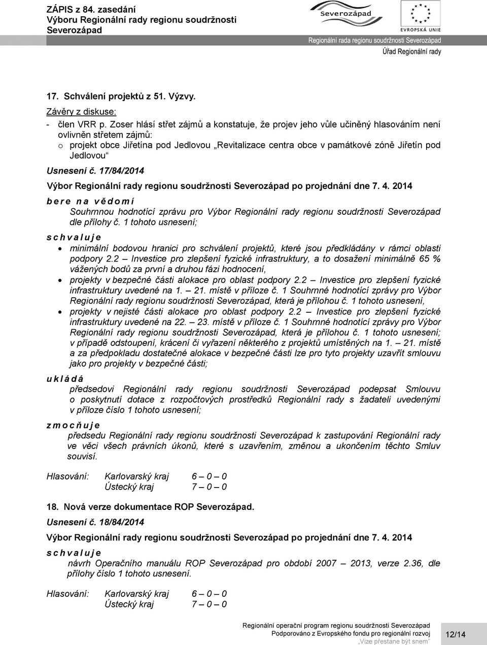 Jedlovou Usnesení č. 17/84/2014 Souhrnnou hodnotící zprávu pro Výbor Regionální rady regionu soudržnosti dle přílohy č.