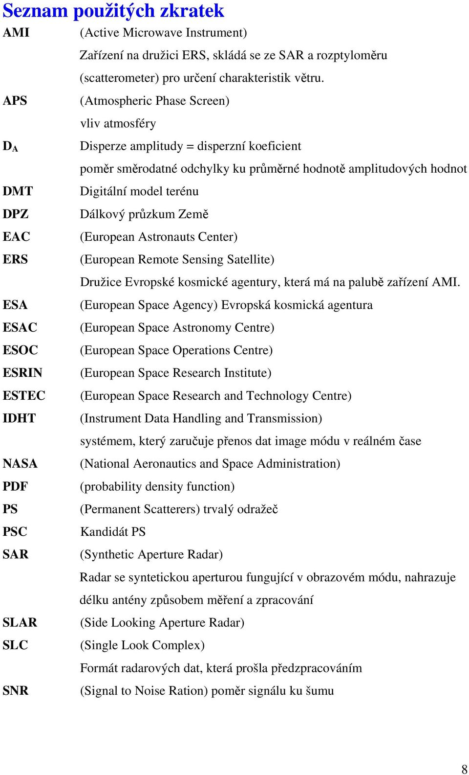amplitudových hodnot Digitální model terénu Dálkový průzkum Země (European Astronauts Center) (European Remote Sensing Satellite) Družice Evropské kosmické agentury, která má na palubě zařízení AMI