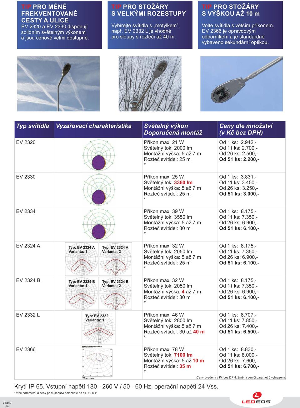 Typ svítidla Vyzařovací charakteristika Světelný výkon Doporučená montáž EV 2320 Příkon max: 21 W : 2000 lm Montážní výška: 5 až 7 m Rozteč svítidel: 25 m Ceny dle množství (v Kč bez DPH) Od 1 ks: 2.