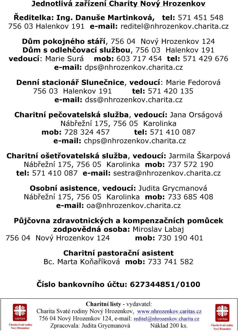 cz Denní stacionář Slunečnice, vedoucí: Marie Fedorová 756 03 Halenkov 191 tel: 571 420 135 e-mail: dss@nhrozenkov.charita.