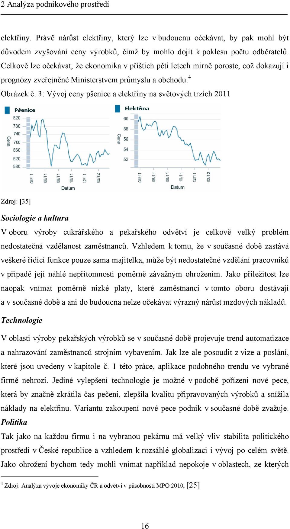 3: Vývoj ceny pšenice a elektřiny na světových trzích 2011 Zdroj: [35] Sociologie a kultura V oboru výroby cukrářského a pekařského odvětví je celkově velký problém nedostatečná vzdělanost