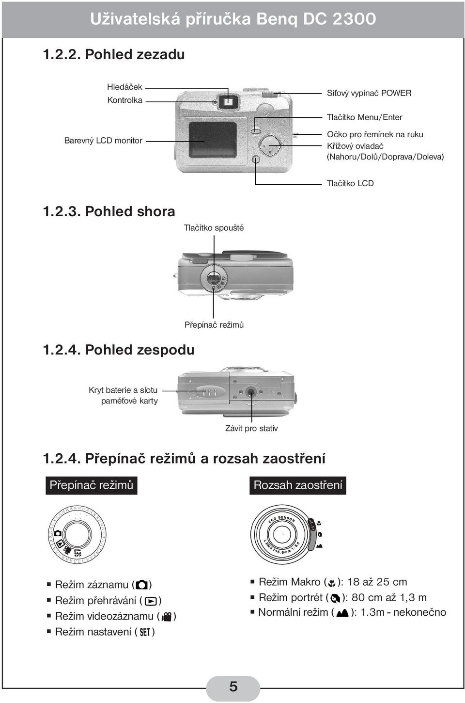 Pohled zespodu Přepínač režimů Kryt baterie a slotu paměťové karty Závit pro stativ 1.2.4.