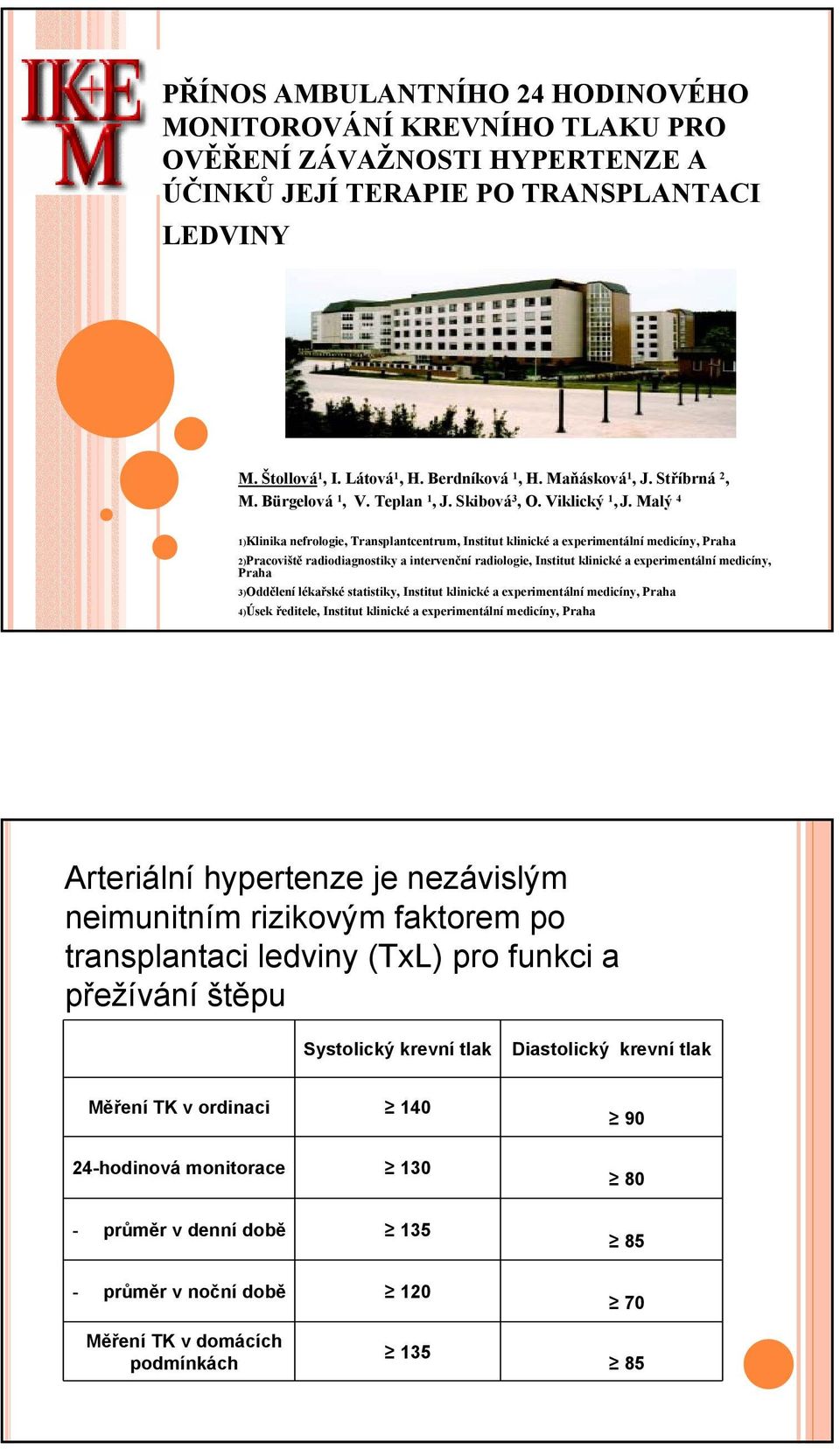 Malý 4 1)Klinika nefrologie, Transplantcentrum, Institut klinické a experimentální medicíny, Praha 2)Pracoviště radiodiagnostiky a intervenční radiologie, Institut klinické a experimentální medicíny,