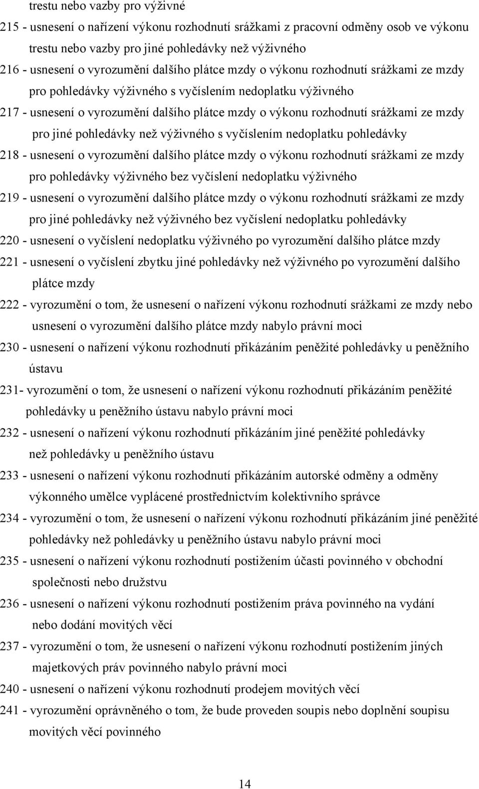 mzdy pro jiné pohledávky než výživného s vyčíslením nedoplatku pohledávky 218 - usnesení o vyrozumění dalšího plátce mzdy o výkonu rozhodnutí srážkami ze mzdy pro pohledávky výživného bez vyčíslení