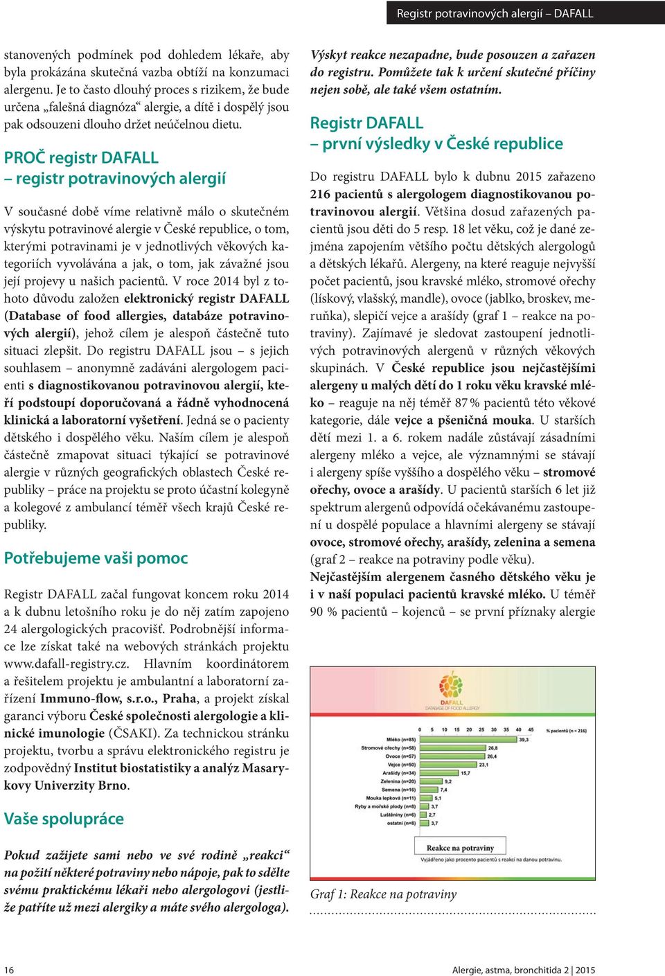 PROČ registr DAFALL registr potravinových alergií V současné době víme relativně málo o skutečném výskytu potravinové alergie v České republice, o tom, kterými potravinami je v jednotlivých věkových