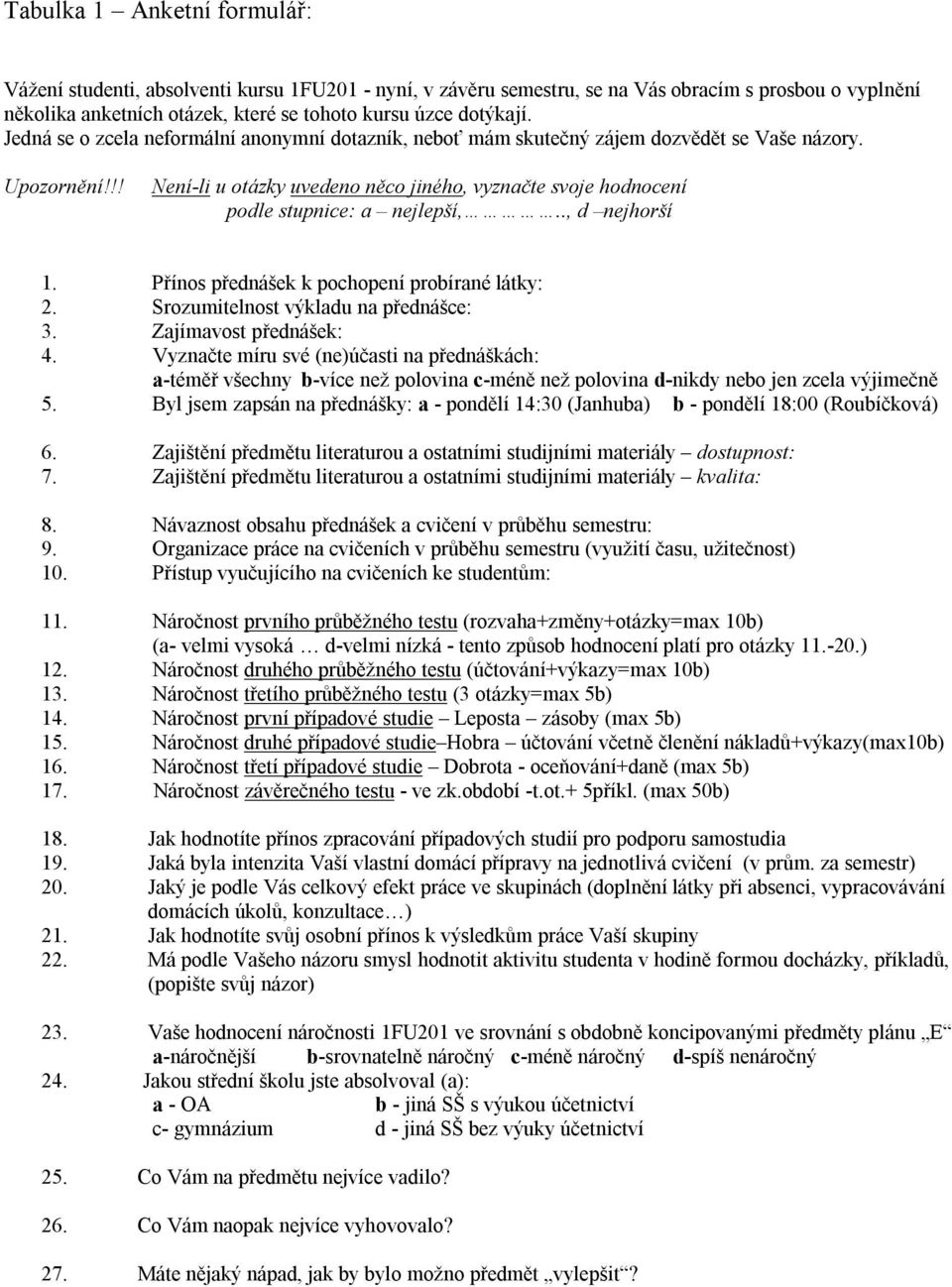 ., d nejhorší 1. Přínos přednášek k pochopení probírané látky: 2. Srozumitelnost výkladu na přednášce: 3. Zajímavost přednášek: 4.