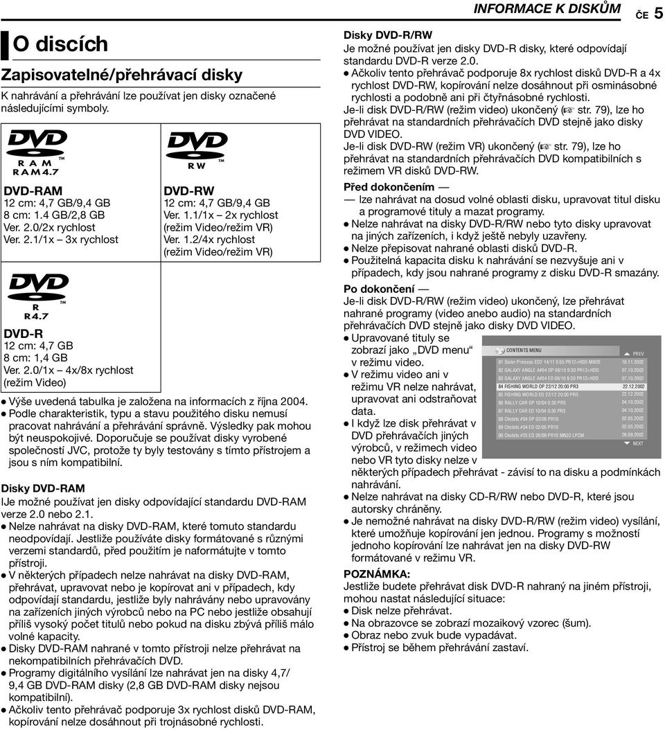 Podle charakteristik, typu a stavu použitého disku nemusí pracovat nahrávání a přehrávání správně. Výsledky pak mohou být neuspokojivé.