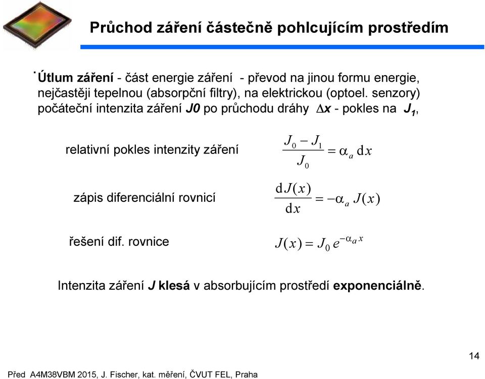 sezory) počátečí itezita zářeí J0 po průchodu dráhy x - pokles a J, relativí pokles itezity zářeí J J J 0 0 α dx a zápis