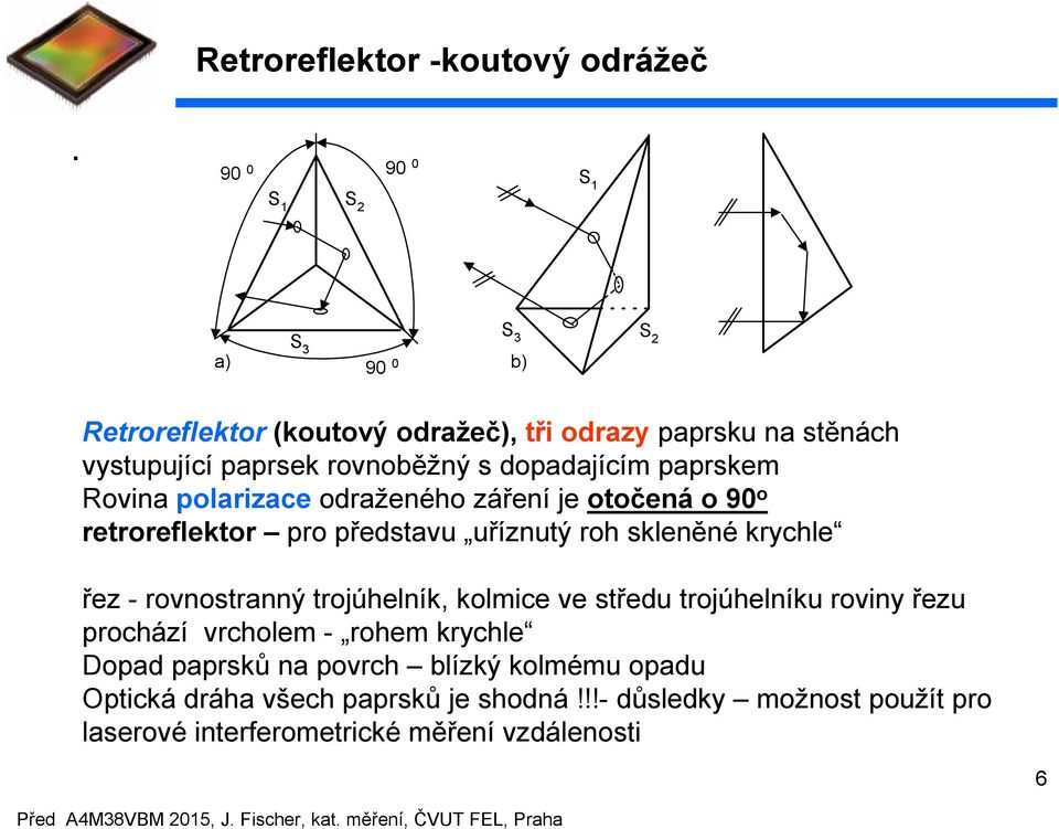 Rovia polarizace odražeého zářeí je otočeá o 90 o retroreflektor pro představu uřízutý roh skleěé krychle řez - rovostraý trojúhelík, kolmice ve středu