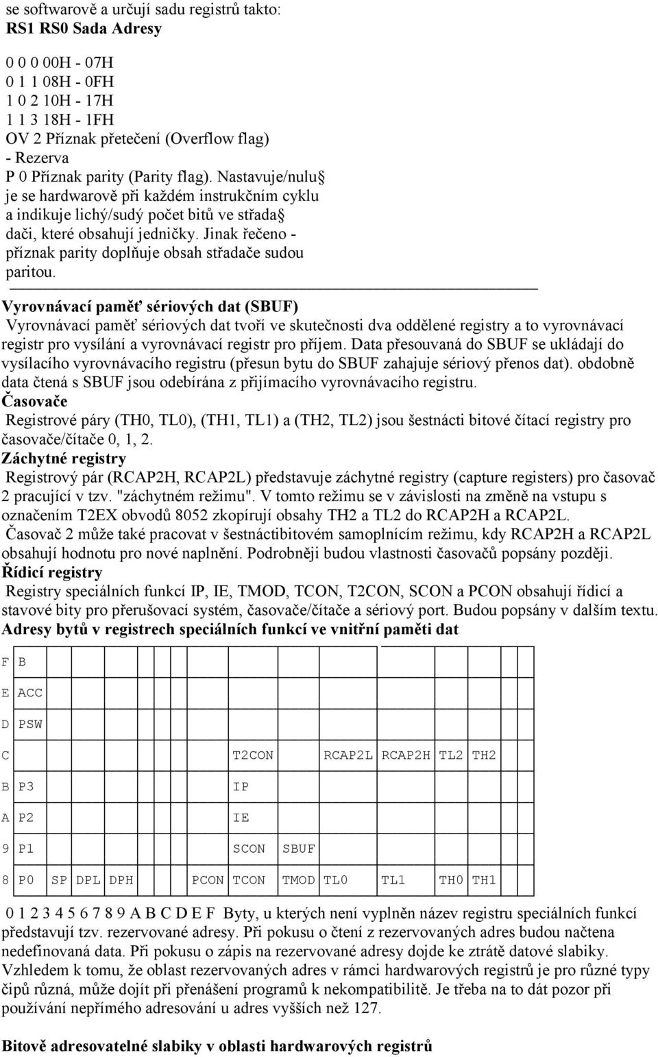 střadače sudou paritou Vyrovnávací paměť sériových dat (SBUF) Vyrovnávací paměť sériových dat tvoří ve skutečnosti dva oddělené registry a to vyrovnávací registr pro vysílání a vyrovnávací registr