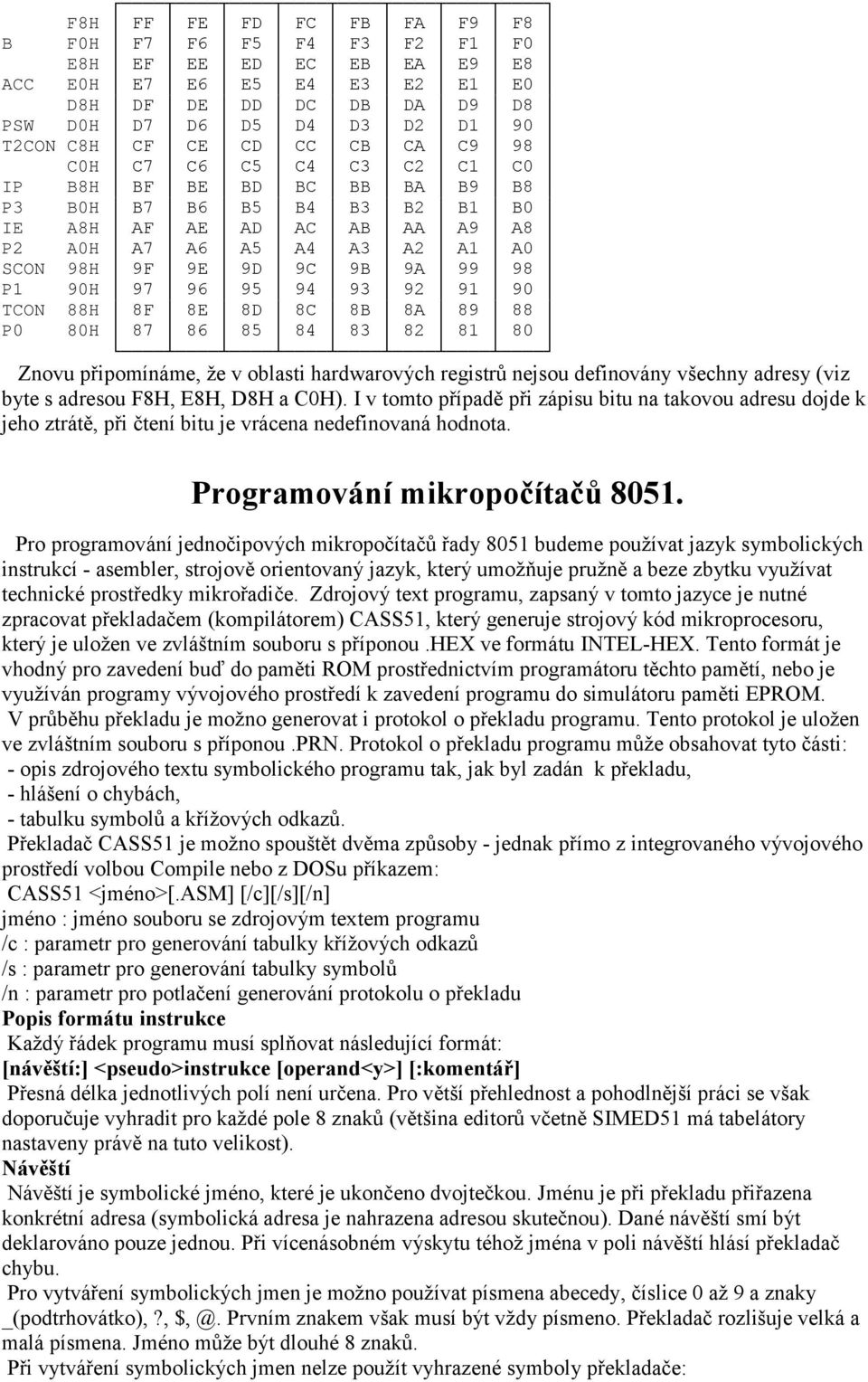 90H 97 96 95 94 93 92 91 90 TCON 88H 8F 8E 8D 8C 8B 8A 89 88 P0 80H 87 86 85 84 83 82 81 80 Znovu připomínáme, že v oblasti hardwarových registrů nejsou definovány všechny adresy (viz byte s adresou