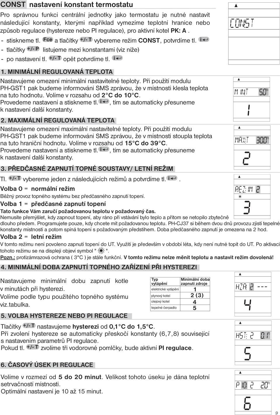 i - tlačítky +/- P listujeme mezi konstantami (viz níže) - po nastavení tl. +/- T opět potvrdíme tl. i 1. MINIMÁLNÍ REGULOVANÁ TEPLOTA Nastavujeme omezení minimální nastavitelné teploty.