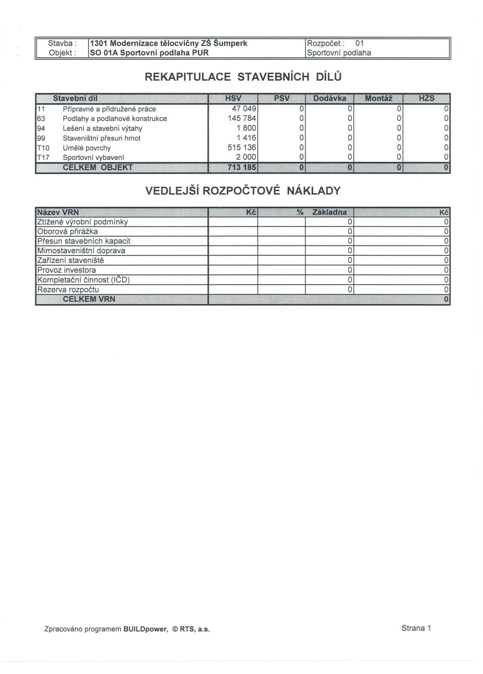 Umele povrchy 515 136 0 0 0 0 T17 Sportovnf vybavenf 2000 0 0 0 0 CELKEM OBJEKT 713185 0 0 0 0 Nazev VRN Kc % Zakladna Kc Ztfzene vyrobnf podmfnky 0 0 Oborova prirazka