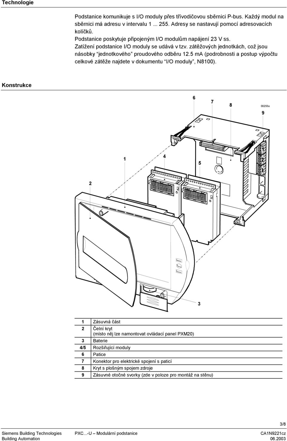 (podrobnosti a postup výpočtu celkové zátěže najdete v dokumentu I/O moduly, N8100) Konstrukce 6 7 8 00255a 9 1 4 5 2 3 1 Zásuvná část 2 Čelní kryt (místo něj lze namontovat ovládací