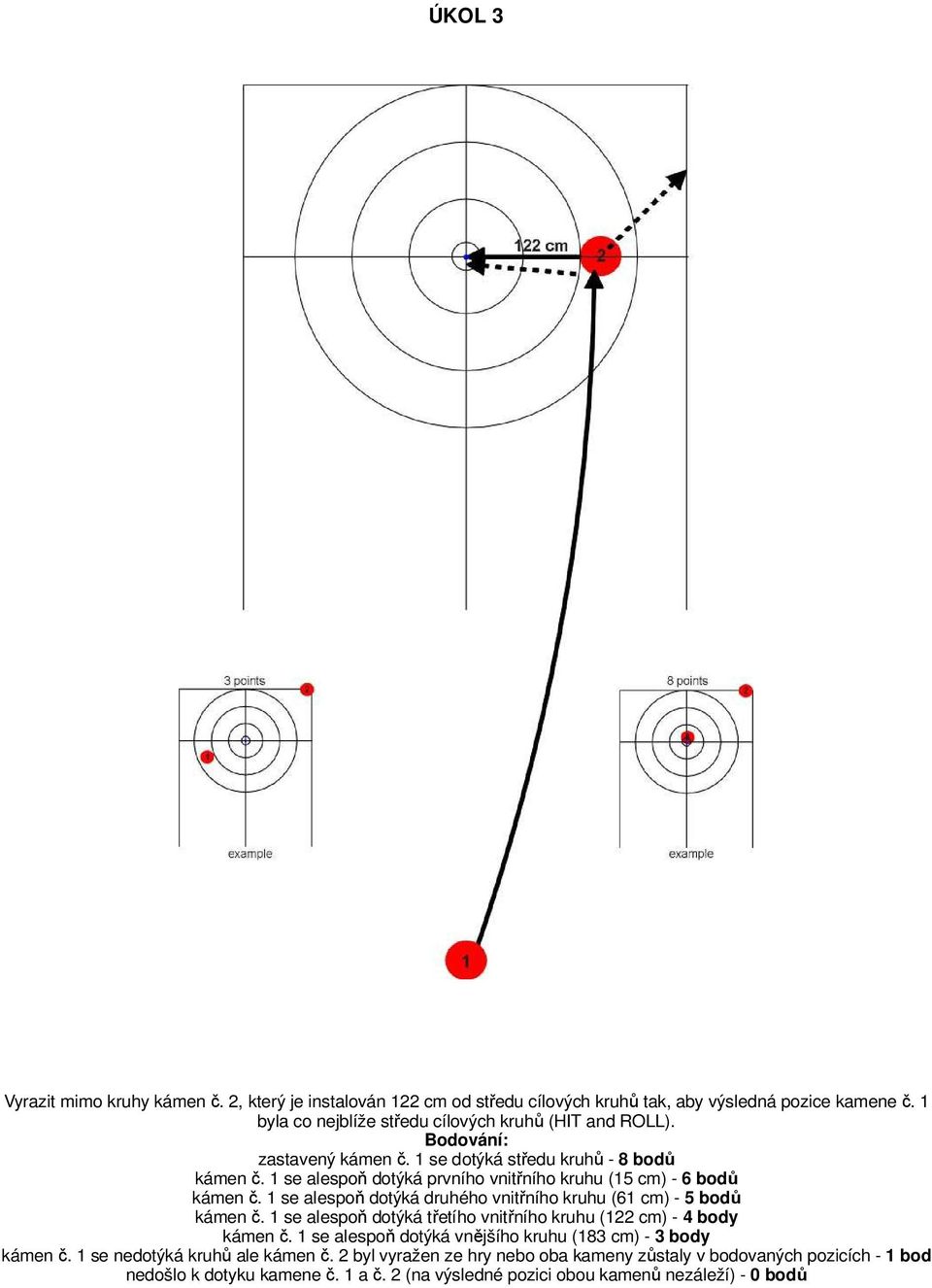 1 se alespoň dotýká prvního vnitřního kruhu (15 cm) - 6 bodů kámen č. 1 se alespoň dotýká druhého vnitřního kruhu (61 cm) - 5 bodů kámen č.