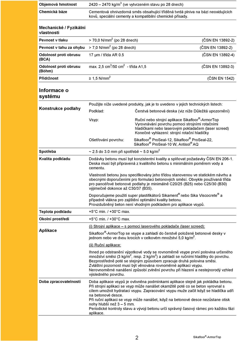 Mechanické / Fyzikální vlastnosti Pevnost v tlaku > 70,0 N/mm 2 (po 28 dnech) (ČSN EN 13892-2) Pevnost v tahu za ohybu > 7,0 N/mm 2 (po 28 dnech) (ČSN EN 13892-2) Odolnost proti obrusu (BCA) Odolnost