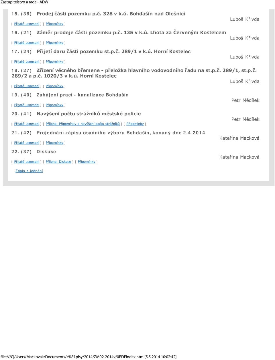 (27) Zřízení věcného břemene - přeložka hlavního vodovodního řadu na st.p.č. 289/1, st.p.č. 289/2 a p.č. 1020/3 v k.ú. Horní Kostelec Luboš Křivda [ Přijaté usnesení ] [ Připomínky ] 19.