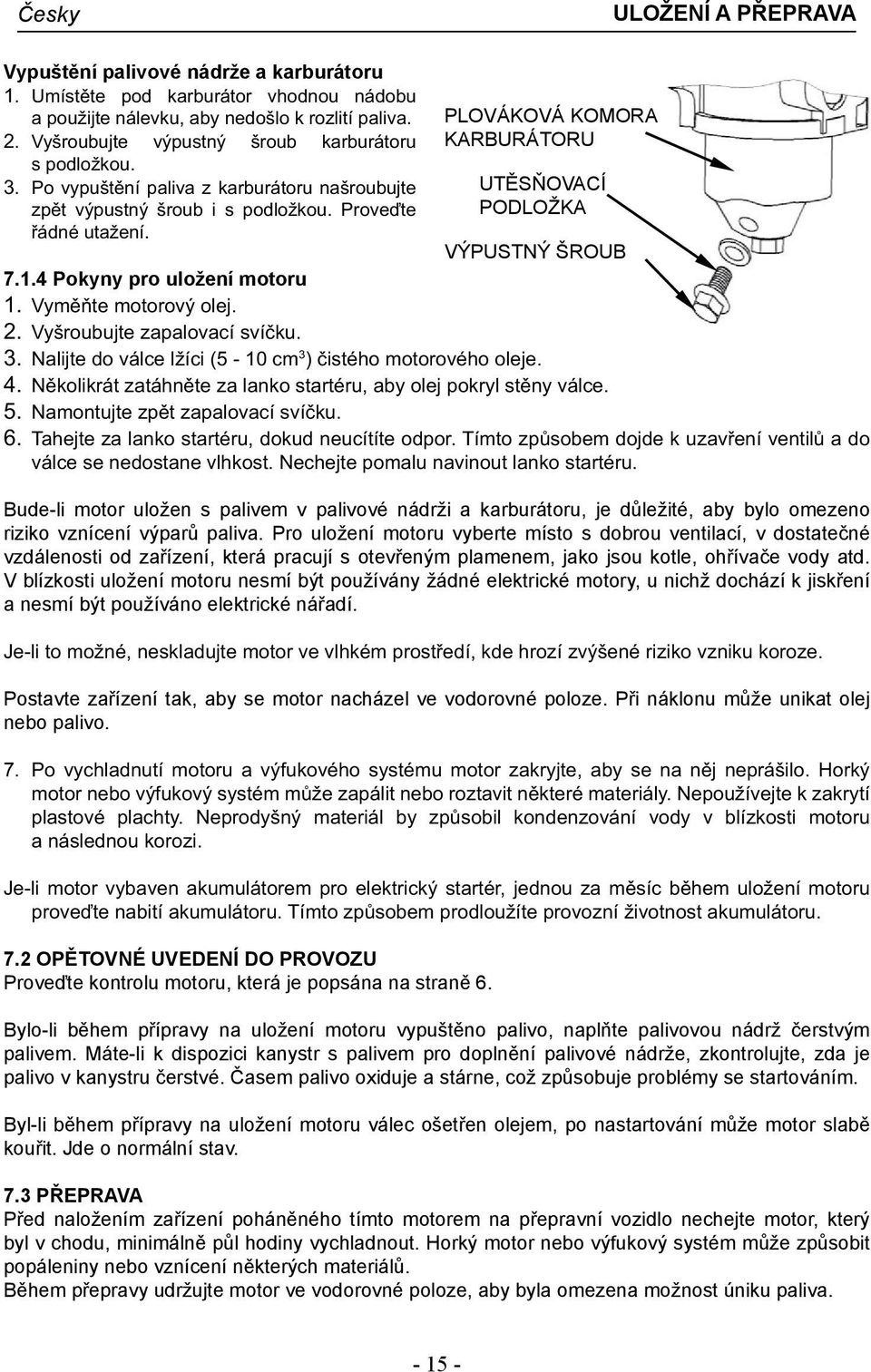 PLOVÁKOVÁ KOMORA KARBURÁTORU UTĚSŇOVACÍ PODLOŽKA VÝPUSTNÝ ŠROUB 7.1.4 Pokyny pro uložení motoru 1. Vyměňte motorový olej. 2. Vyšroubujte zapalovací svíčku. 3.