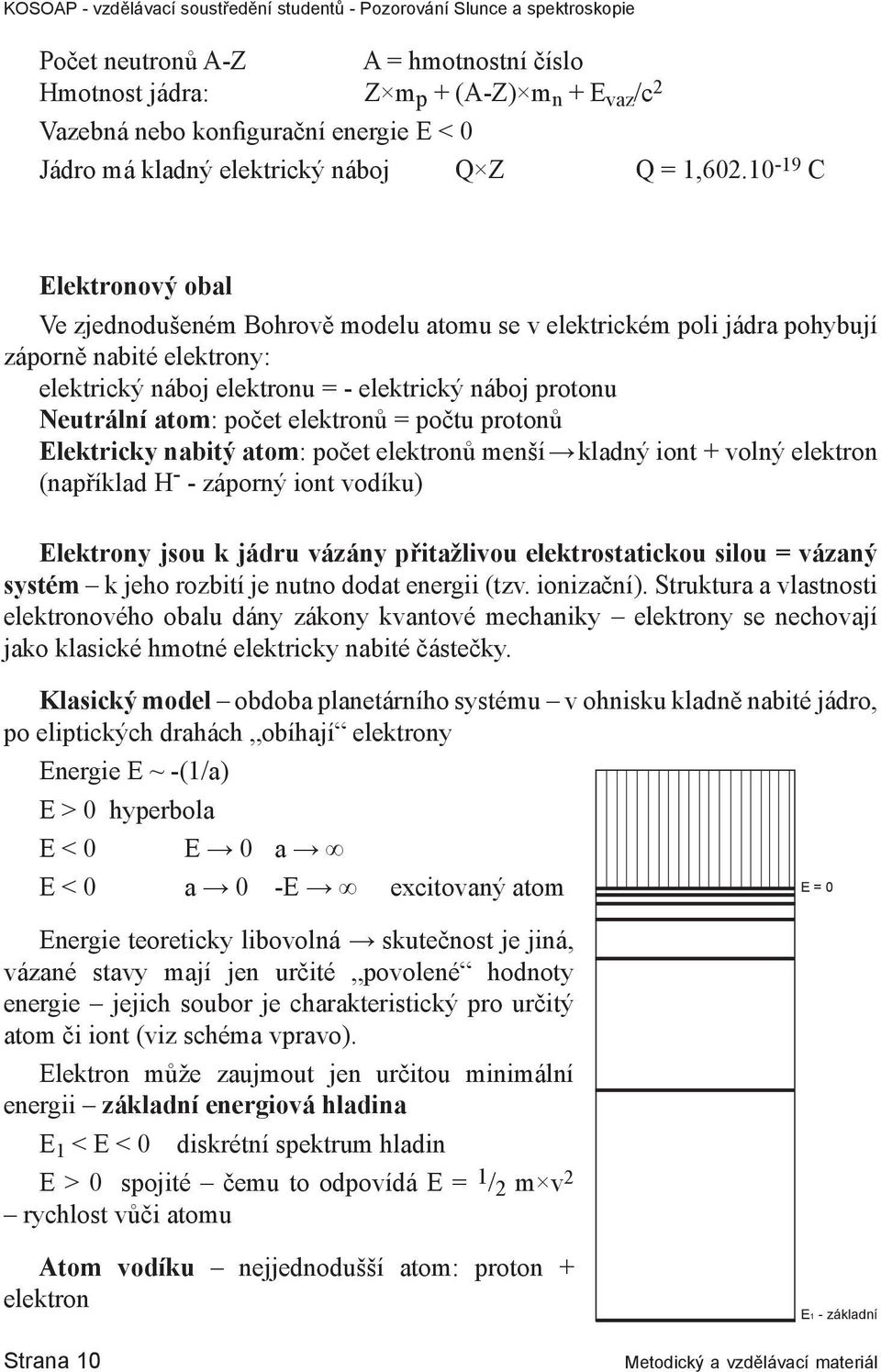 počet elektronů = počtu protonů Elektricky nabitý atom: počet elektronů menší kladný iont + volný elektron (například H - - záporný iont vodíku) Elektrony jsou k jádru vázány přitažlivou