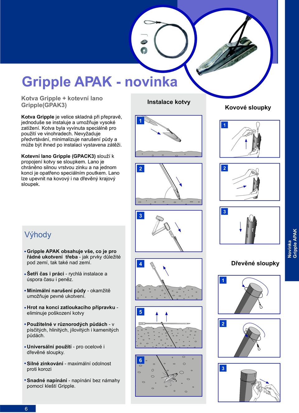 1 Instalace kotvy 1 Kovové sloupky Kotevní lano Gripple (GPACK3) slouží k propojení kotvy se sloupkem. Lano je chránìno silnou vrstvou zinku a na jednom konci je opatøeno speciálním poutkem.