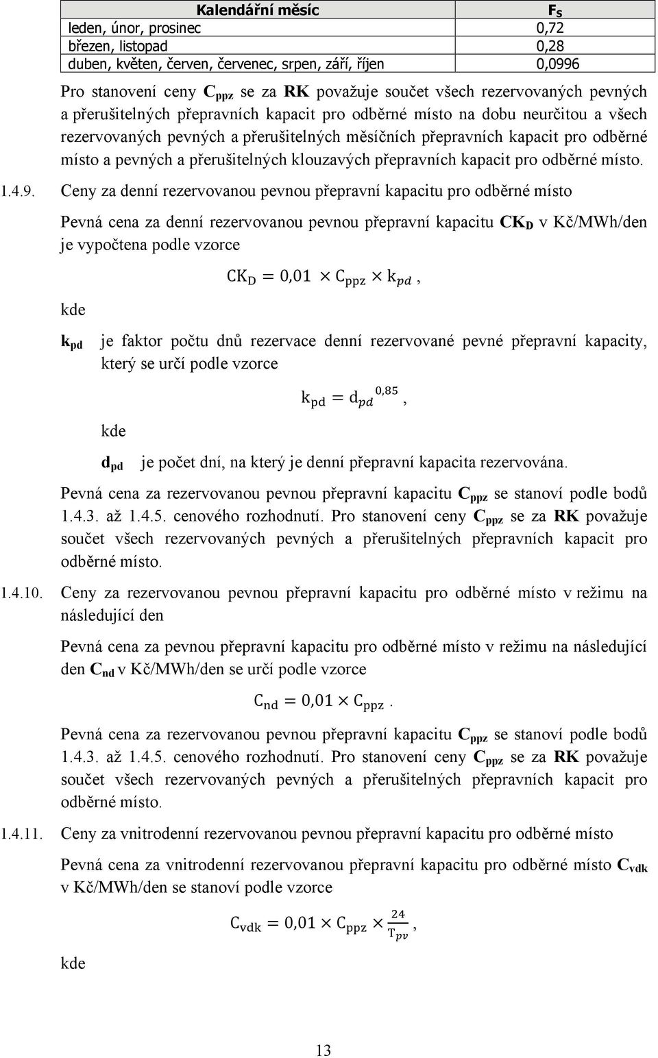 přerušitelných klouzavých přepravních kapacit pro odběrné místo. 1.4.9.