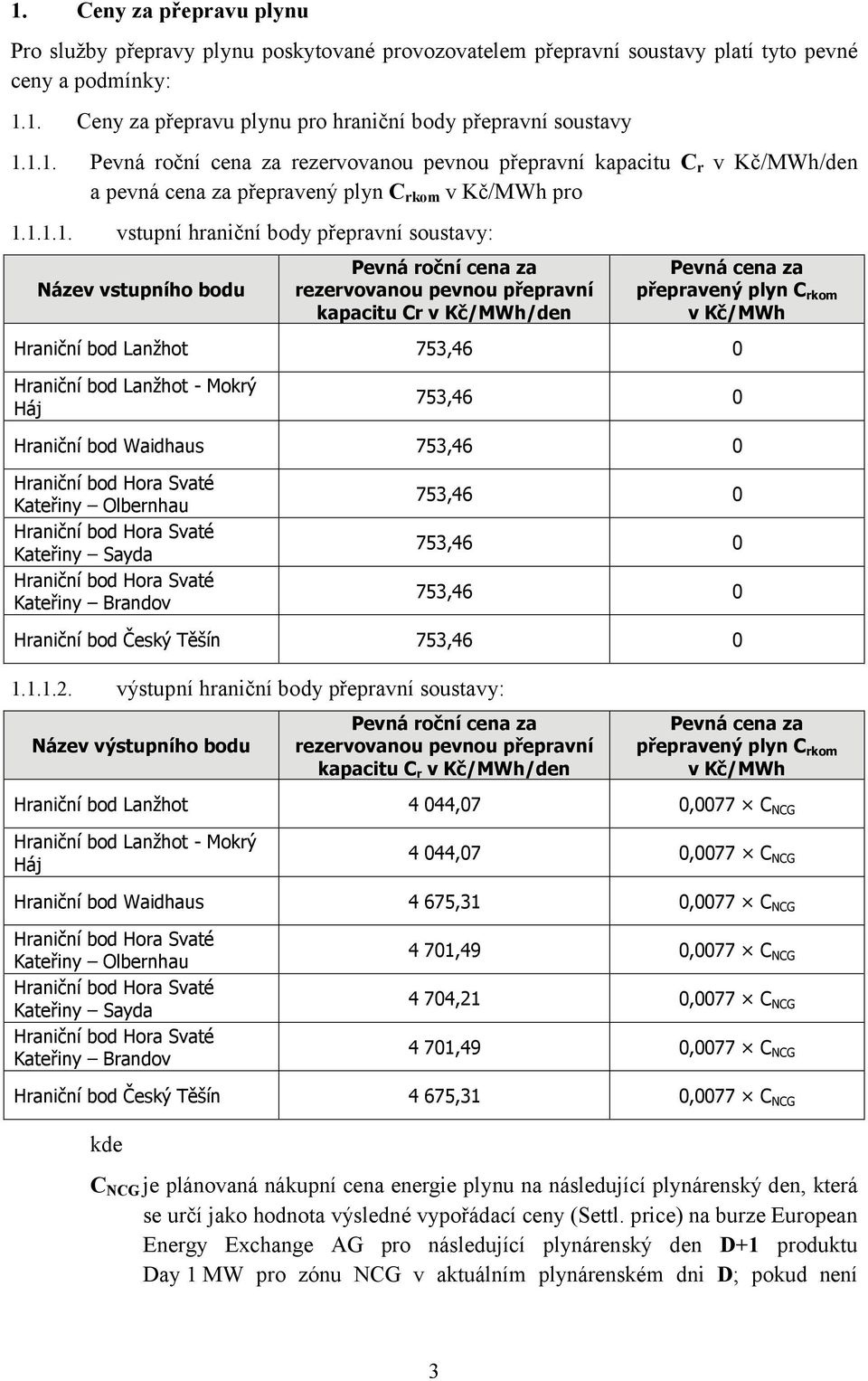 bodu Pevná roční cena za rezervovanou pevnou přepravní kapacitu Cr v Kč/MWh/den Pevná cena za přepravený plyn C rkom v Kč/MWh Hraniční bod Lanžhot 753,46 0 Hraniční bod Lanžhot - Mokrý Háj 753,46 0