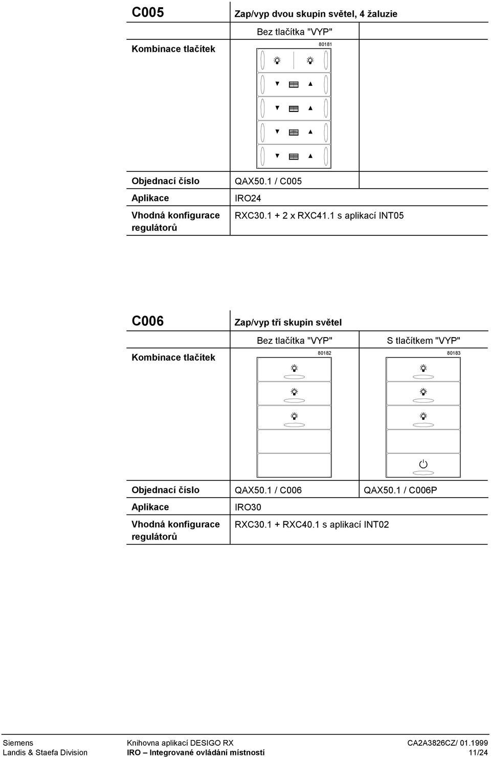 1 s aplikací INT05 C006 Zap/vyp tří skupin světel 80182 80183 Objednací číslo QAX50.