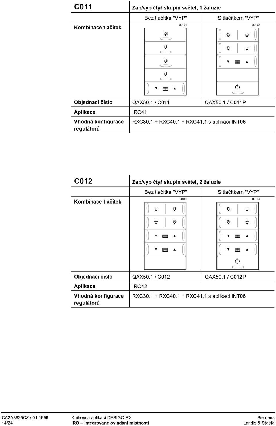 1 s aplikací INT06 C012 Zap/vyp čtyř skupin světel, 2 žaluzie 80193 80194 Objednací číslo QAX50.