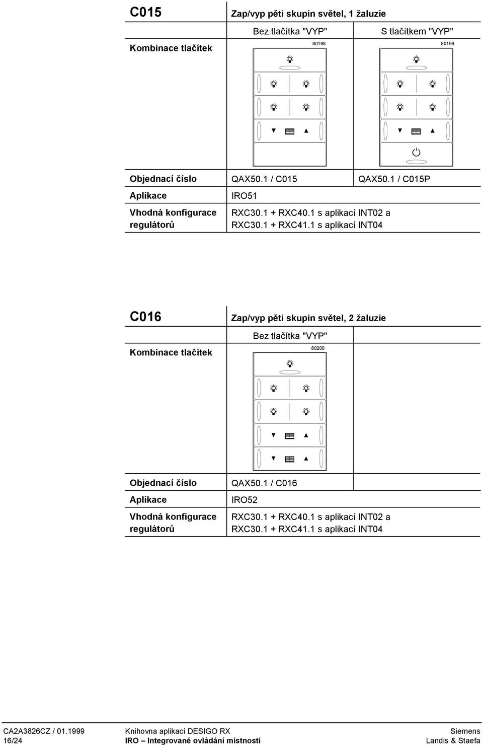 1 s aplikací INT04 C016 Zap/vyp pěti skupin světel, 2 žaluzie 80200 Objednací číslo QAX50.1 / C016 IRO52 RXC30.